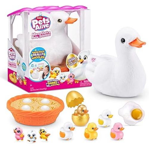 Pets Alive Mama Duck Surprise by ZURU, 4 Surprise Eggs, Baby Ducklings, 10+ Sounds, Walking Toy, Interactive Girls Toy, Ages 3+