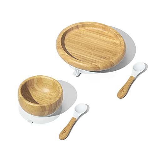 Avanchy Bamboo Classic Baby Plates and Bowls with Removeable Suction for Babies Kids Toddler Food with Silicone Spoon for Feeding, EssentialsWhite