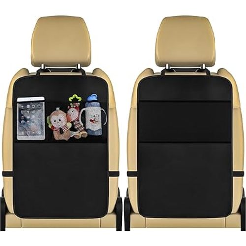 2PCS Kick Mats with Organizer, Large Auto Kick Mat Backseat Protector with Mesh Pockets, Waterproof Fabric Vehicle Back Seat Kick Mat Cover for Kids, Car Accessories