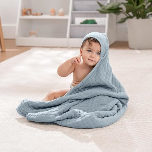 Comfy Cubs Hooded Baby Towel 2-Pack, Large 32 x 32 Inch - 6 Layer 100% Muslin Cotton for Babies, Toddlers and Kids - Soft & Absorbent Baby Bath Towels - Unisex Design for Bath Time - Pacific Blue