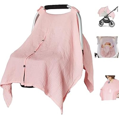 Organic Cotton Muslin Baby Car Seat Cover, Multi Use for Nursing Cover,Breathable Carseat Canopy for Boys Girls (Pink)