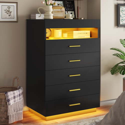 Amuzer 5 Drawer Dresser with LED Lights, Chest of Drawers for Bedroom, Black