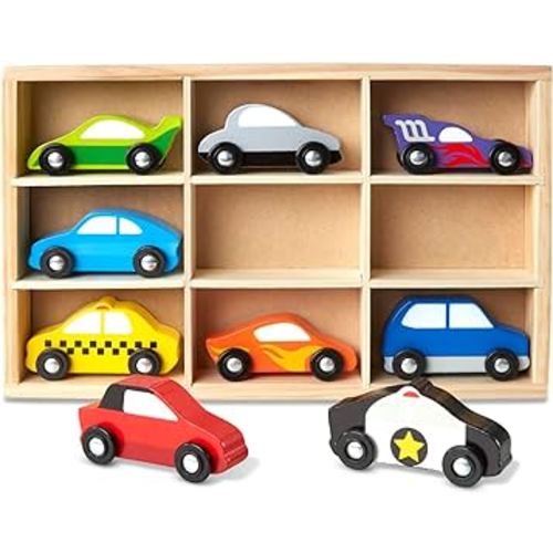 Melissa & Doug Wooden Cars Vehicle Set in Wooden Tray - Toys For Toddlers And Kids Ages 3+