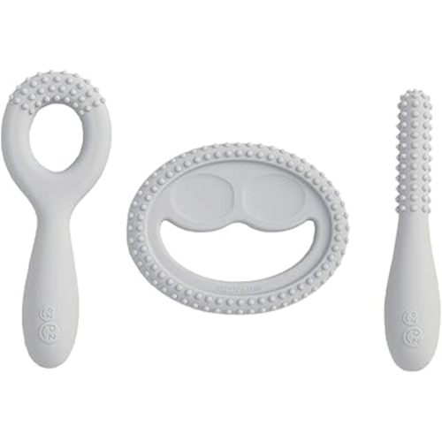 ezpz Oral Development Tools - 3 Months+ (3 Pack in Pewter) - Non-Slip Loop, Smile and Stick, 100% Silicone Tools to Practice Feeding + Chewing - Sensory Bumps - Dishwasher Safe