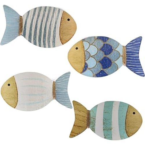 huajuze 4 Pcs Ocean Decor, Beach Decor for Bedroom, Fish Wall Decor Ocean Decor Vintage Blue Fish Ornaments for Home Bathroom Bedroom Kid's Room