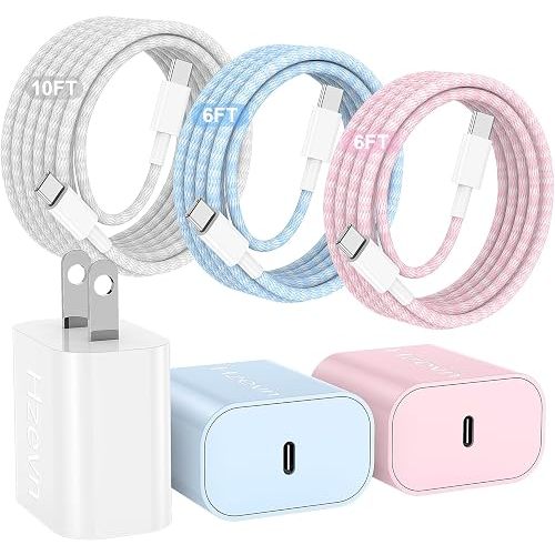 20W USB C Fast Charging for iPhone 17 Air/16/15 Pro Max,3Pack Colorful Mixed Charger Block with Braided Long USB C to C Cables (6/6/10ft) Compatible with iPhone16/15 Pro/15 Plus/iPad Pro