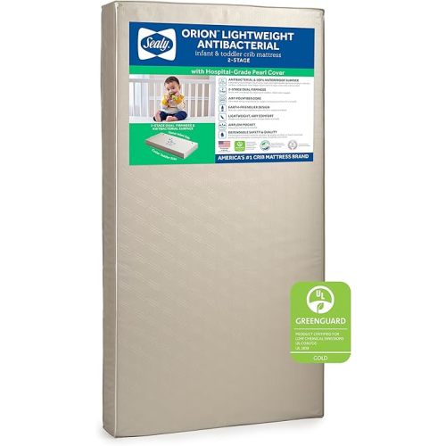 Sealy Baby Orion Antibacterial 2 Stage Waterproof Crib Mattress plus Toddler Bed Fit, Lightweight & Sustainable, Non Toxic, GREENGUARD Gold Certified, Safety & Quality Tested, Made in USA, 52"X28"