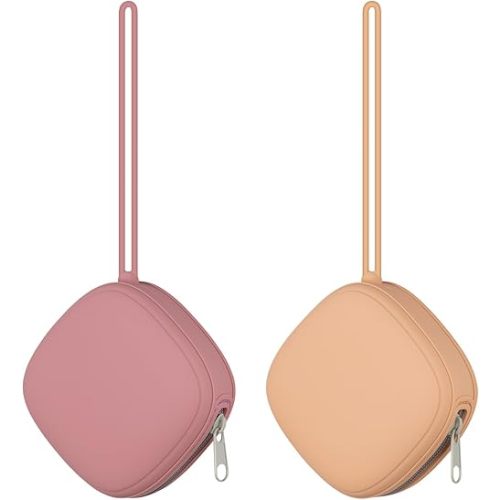 2 Pack Silicone Pacifier Holder Case, Portable Silicone Pacifier Case for Diaper Bag, BPA Free Newborn Baby Pacifiers Silicone Pouch for Boys & Girls (Apricot+Powder Rose)