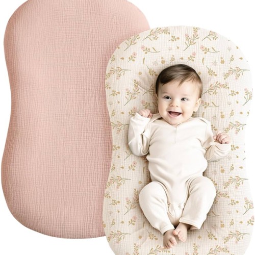 Konssy Muslin Baby Lounger Cover 2 Pack, 100% Cotton Newborn Lounger Cover, Soft and Breathable Baby Nest Slipcover for Boys Girls (Pink, Floral)