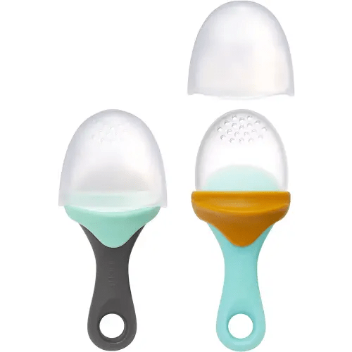 Boon Pulp Silicone Baby Fruit Feeder - Soft Silicone Baby Feeding Set - Fruit and Vegetable Baby Led Weaning Supplies - Baby Feeding Essentials - Blue/Mustard and Gray/Mint - 2 Count