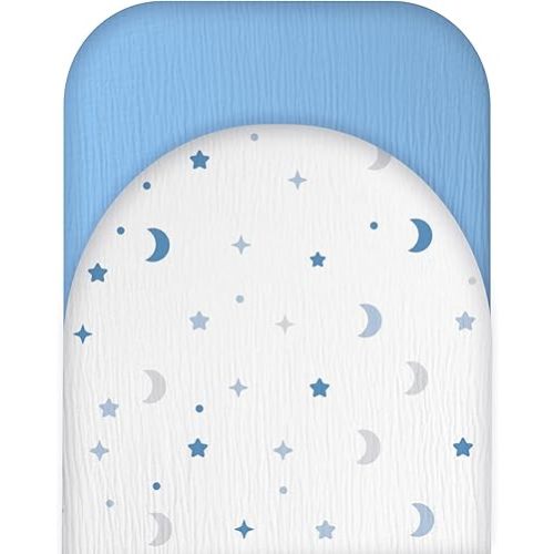 Muslin Bassinet Sheets for Baby Boy Girl- Extra Soft 100% Cotton Bassinet Sheets Fitted for Oval Rectangle Hourglass Mattress, 2 Pack(Blue&Moon Star)