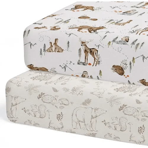 Crib Sheets Neutral - Fitted Baby Crib Sheets Bed for Girl Boy - 2 Pack Standard & Toddler Mattress - Buttery Soft Organic Cotton Blend (Magic Forest)