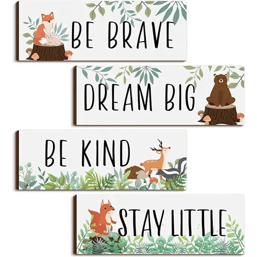 Yookeer 4 Pieces Woodland Nursery Decor Safari wall art Be kind brave curious Cute Jungle Animal Nursery Decor for Bedroom living room home 11x 3.9 Inches(White Background)