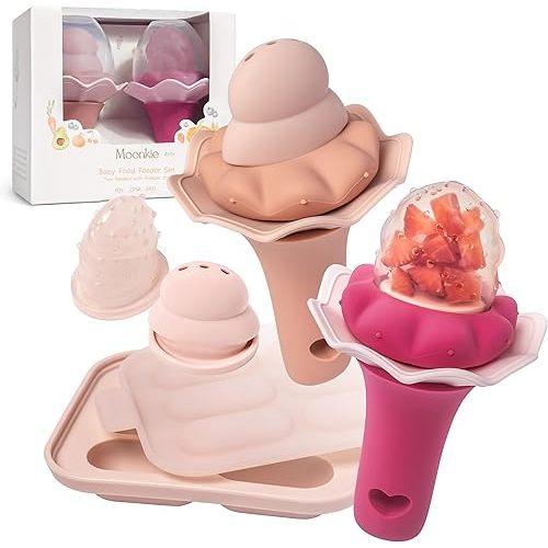 Moonkie - Alimentador de frutas para bebé con bandeja para congelador, alimentador de alimentos de silicona libre de BPA para alimentación autónoma del bebé, moldes de piruletas de leche materna