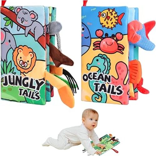 2PCS Baby Books 0-6 Months Baby Toys 6-12 Month Touch and Feel Cloth Crinkle Soft Books Tummy Time Sensory Toys Learning Book Newborn Infant Baby 0-3-6-9-12-18 Months Boy Girl