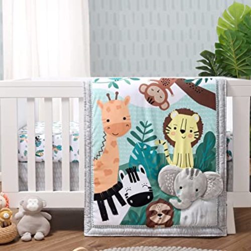 The Peanutshell 3 Piece Baby Crib Bedding Set for Boys & Girls - Newborn, Infant & Toddler Nursery Bed Set Decor with Fitted Crib Sheet, Dust Ruffle Comforter - Safari Adventures