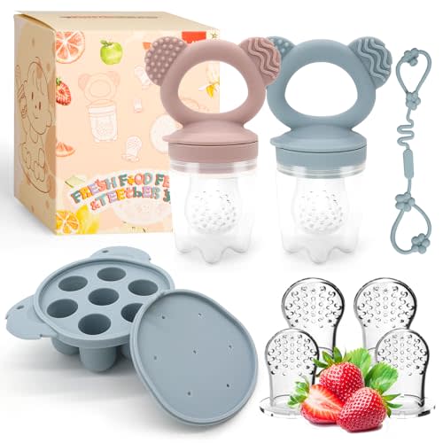 2 Pack Silicone Baby Food Feeders + Mini Freezer Tray for 6 Months+ Infant Solid Food Safe Self Feeding, BPA Free Breastmilk Popsicle Teether Set for Soothe Teething, Christmas Idea Gift (Blue+Pink)