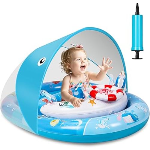 Baby Pool Float with Canopy UPF50+ Protection, Baby Swim Float with Adjustable Safety Seat, Inflatable Baby Float with Ocean Animal Toys for Infant Toddler 6 12 24 36 Months