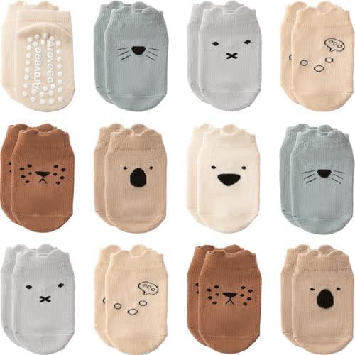 Baby Toddler Socks Grip Non Slip Boys Girls Cotton 12 Pack for Kids Ankle Cute Socks 6M-7Years