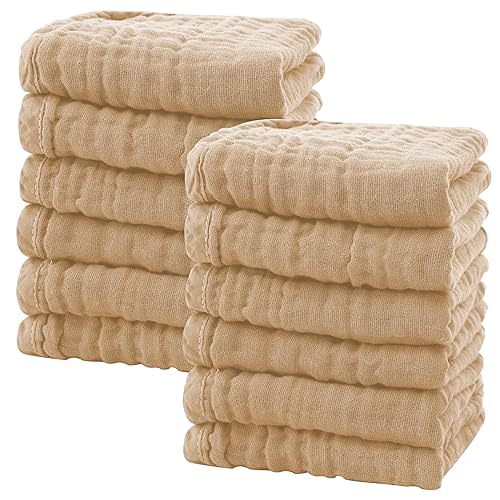 SWEET DOLPHIN 12 Pack Baby Muslin Washcloths - Soft Face Cloths for Newborn, Absorbent Bath Wash Cloths, Wipes, Burp Rag - Toddlers Essentials Stuff, Baby Registry as Shower -10"x10", Brown