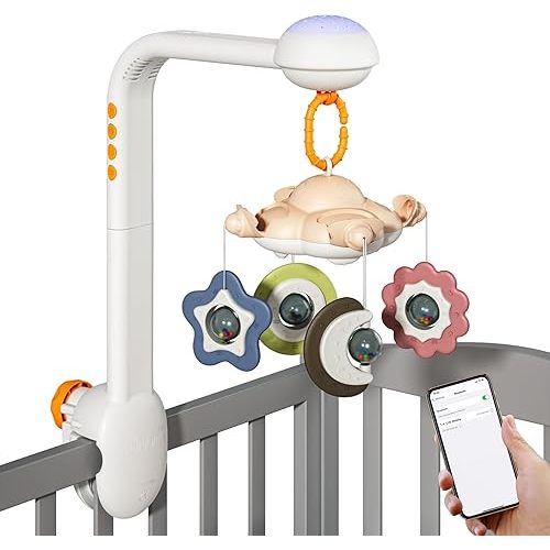 TUMAMA Baby Crib Mobile, Crib Toys with Projection Night Light, Music and White Noise, Soft Plush Mirror Hanging Toys,Mute Spin Motor Nursery Toys for Infant 0 3 6 9 Month Newborn Xmas Gift