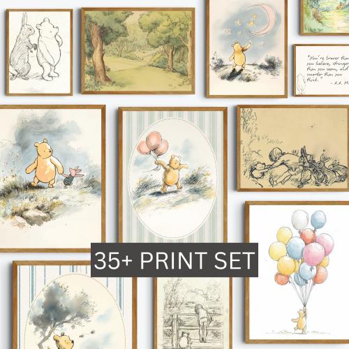 Winnie-the-Pooh Nursery Wall Art Digital Print Kids Room Woodland Gallery Set Childrens Playroom Boho Watercolor Painting Neutral Bundle Boy