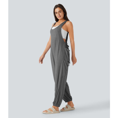 U Neck Drawstring Multiple Pockets Casual Jumpsuit