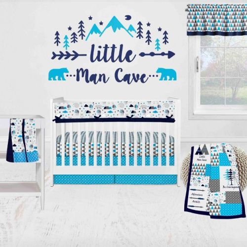 Bacati - Woodlands Forest Animals Aqua/navy/grey 6 Pc Baby Crib Bedding Set With Long Rail Guard Cover For Boys