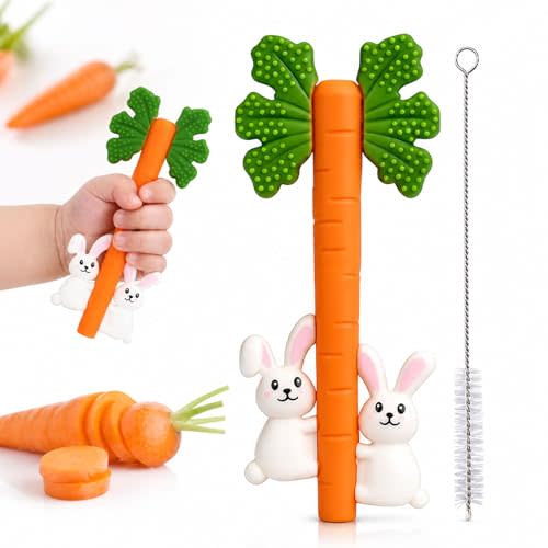 Baby Teething Toys Silicone Carrot Rabbit Hollow Teething Tubes | Sensory Chew Toys Over 3 Months - Teether Straws for Teething Relief -BPA Free Infant Toys Baby Shower Gifts Baby Essentials