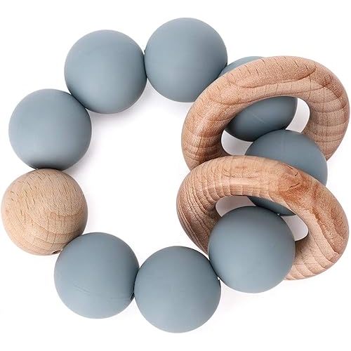 Socub Baby Teething Toy, Organic Baby Teething Ring, Silicone & Beech Baby Rattle Teether for baby 3+ Months, BPA Free, Ether