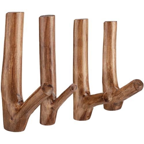 Jetec 4 Pieces Wood Wall Hooks Vintage Real Natural Tree Branch Wall Hooks Set Rustic Decorative Wood Adhesive Strong Suction Crooks for Coat Key Holder (Walnut)