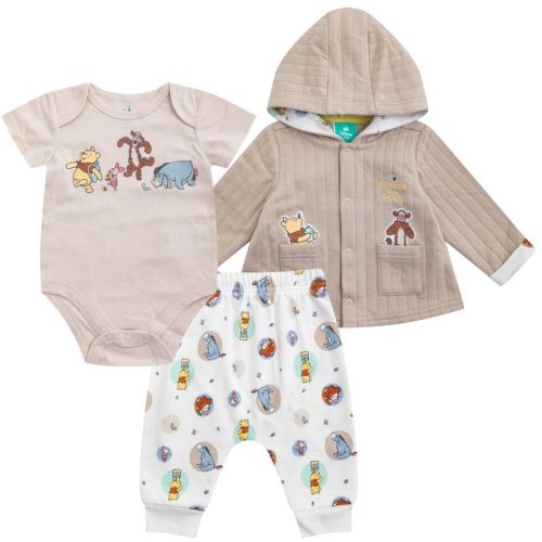 Disney Winnie The Pooh Baby Boys Pants Set With Bodysuit And Hooded Snap Quilted Jacket 3 Pack Set For Infant