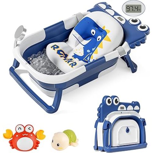TPN Collapsible Baby Bathtub for Infants to Toddler with Real-time Temp Monitor+Floating Cushion,Foldable Baby Bath Tub Set Applicable 0-36 Month,Perfect Portable Travel Baby Tub for Newborns Boy