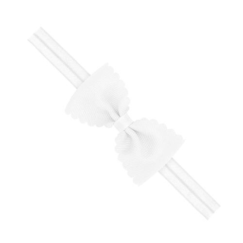 Wee Ones Baby Girls' Grosgrain Scalloped Edge Hair Bowtie on a Elastic Band, Handmade, 0-6 Months, White