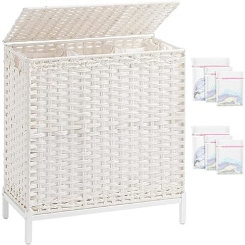 Laundry Hamper with Lid 132 L, (35 Gallons) Clothes Hamper with Lid, Handwoven Rattan Laundry Hamper with Metal Heightened Feet, Laundry Hampers with 3 Removable Liner Bags for Laundry-White