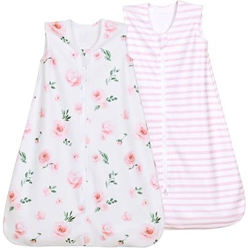david's kids Micro Fleece Baby Sleep Sack 6-12 Months, Soft Warm Baby Wearable Blankets with 2-Way Zipper, 2 Pack Comfy Sleeping Bags for Infant Newborn Girls Neutral, Medium Size, Floral Flowers
