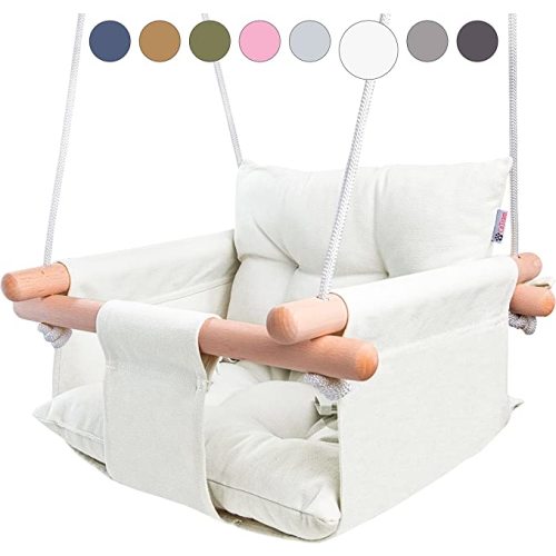 CaTeam Canvas Baby Swing Seat with 5-Point Safety Belt — Wooden Hanging Toddler Swing, Indoor & Outdoor, Ages 1-4, Ceiling Mount Hardware Included, Ivory