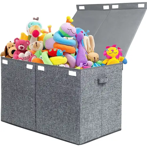 popoly 122L Large Toy Chest Box with Lid, Foldable Toy Storage Organizer Bin Boxes with Removable Divider for Kids, Boys, Girls, Nursery, Playroom, 26"x17" x17"(Linen Gray)