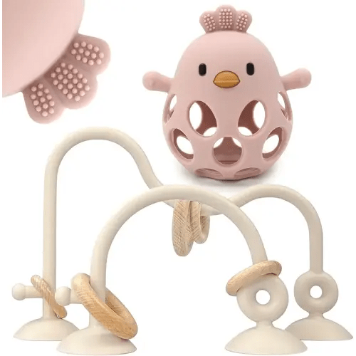Baby High Chair Suction Toys Teething Chew - Baby Table Toys, Teething Toys Silicone Teethers, Food Grade Silicon for 6 12 18 Months (Beige Rosepink)