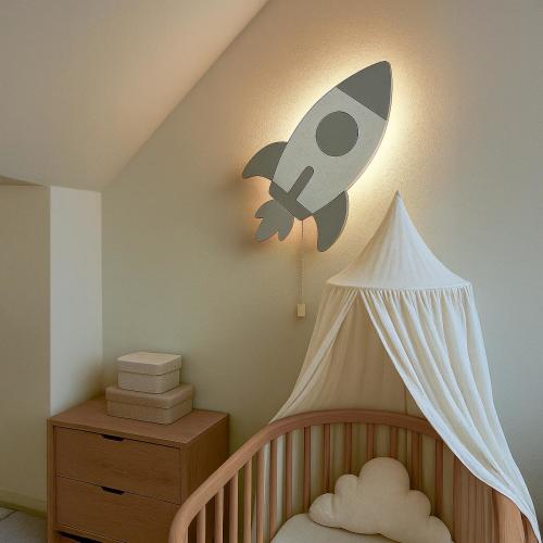 LED Rocket Wall Light for Nursery & Kids Room – Modern Soft Glow Night Light – Space Theme Bedroom Lamp for Toddlers