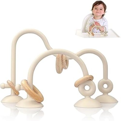 Baby Teething Toy, High Chair Suction Cup Toys for Infant Toddlers 0-6M, Food Grade Silicone Teether, Educational Parent-Child Baby Toys, Montessori Sensory Toy for Babies 6-12Months (Beige)
