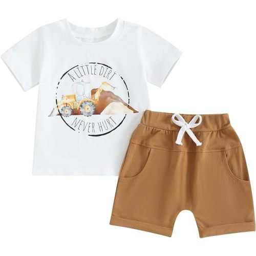 Toddler Boy Summer Outfit Infant Baby Boy Clothes Letters Short Sleeve T-shirt Top Elastic Waist Shorts Set 2Pcs - 6-12 Months - B-white