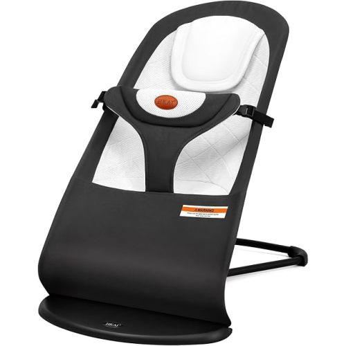 HKAI Baby Bouncer Seat for Babies 0-12 Months, Portable Infant Rocker Chair with Built-in Headrest Area, Soft Breathable Fabric, 3-Position Adjustable Backrest, Safety Harness