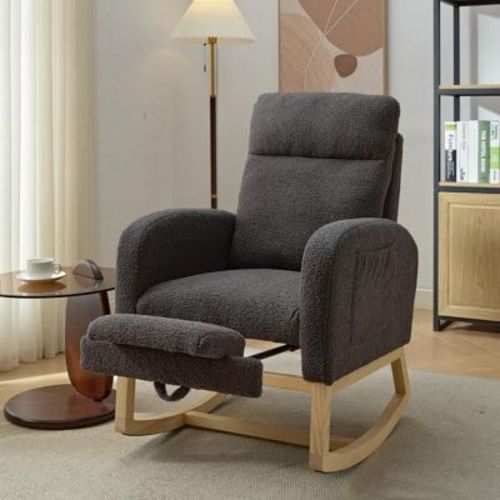 Modern Gray Accent Rocking Recliner Armchair With Wood Legs,Teddy Fabric High Backrest Nursery Rocking Chair With Side Pocket And Leg Rest-Cuddlewood