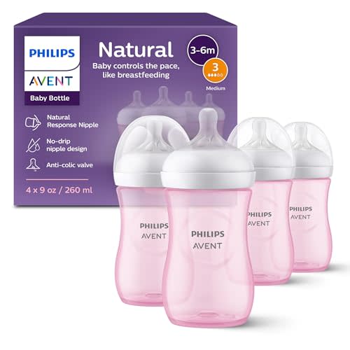 Philips Avent Natural Baby Bottles with Natural Response Nipples (Medium Flow, Flow 3), 9oz, Pink, 4-Pack, SCY903/14