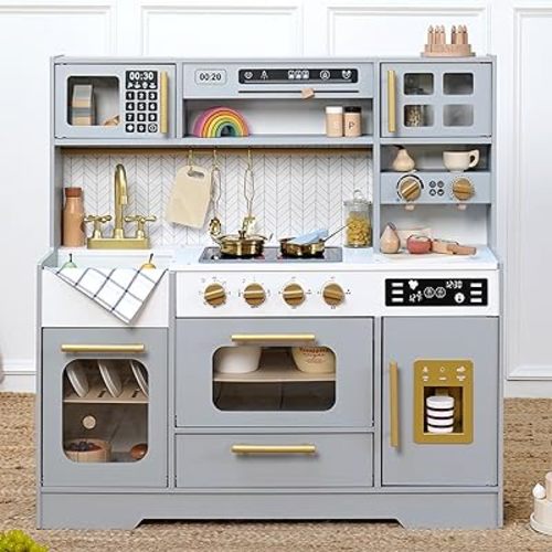 Wooden Play Kitchen for Kids – Pretend Play Kitchen Set with Realistic Stove, Sink, Coffee Maker, Ice Maker, Toy Kitchen Toddlers Ages 3+