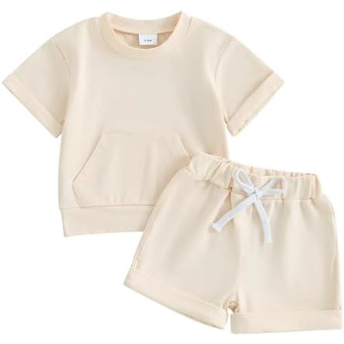 MAYUMMPY Summer Baby Boys Girls Solid Color Outfits Infant Neutral Clothes Short Sleeve Pocket T-Shirt Shorts Set 2Pcs