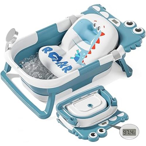 TPN Collapsible Baby Bathtub, Baby Bath Tub with Soft Cushion & Real-Time Thermometer, Baby Bathtub Infant to Toddler Tub (0-36 Months), Portable Newborn Travel Bath tub