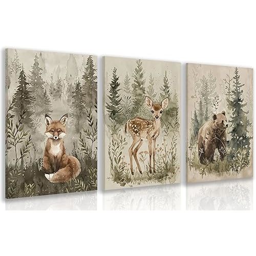 kilamino Framed Woodland Animal Nursery Wall Art, Cute Fox Bear Deer Wall Decor, Neutral Wildlife Animal Art Prints, Funny Nature Forest Animal Canvas Paintings for Baby Room Playroom 12"x16"x3