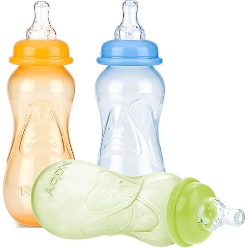 Nuby Non-Drip Standard Neck Bottles, 10 Ounce, Colors May Vary, Pack of 3 Bottles